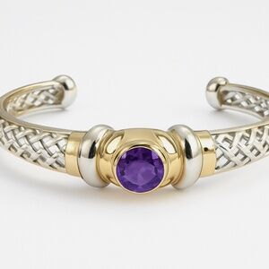 Sterling Silver Amethyst Cuff Bracelet 18g • London Hallmark 2000 • B&B Maker •